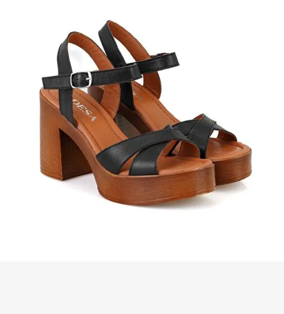 Kadın Siyah Platform Topuklu Deri Sandalet - Görsel 1