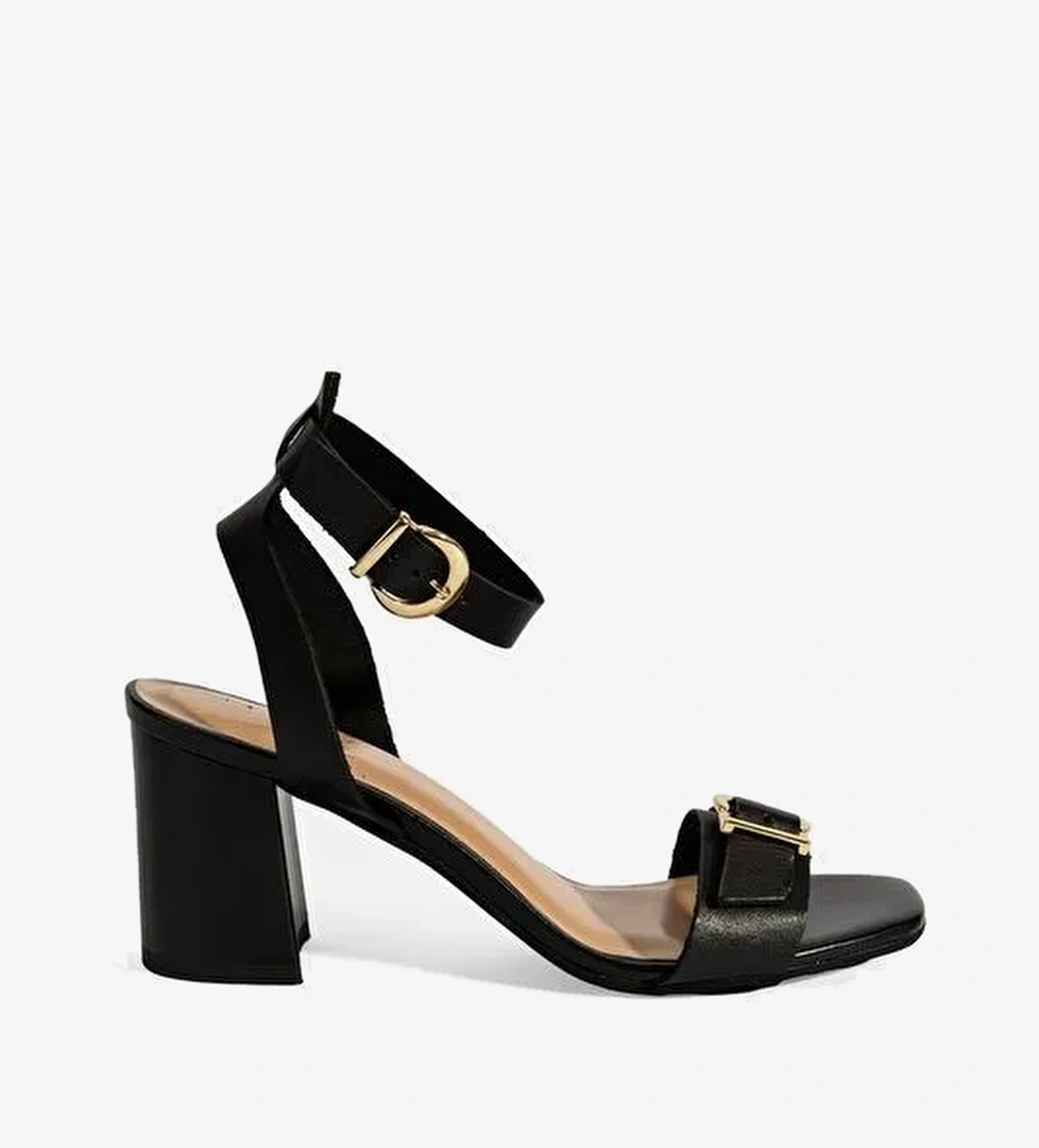 Kadın Siyah Ayarlanabilir Tokalı Deri Topuklu Sandalet - Görsel 1