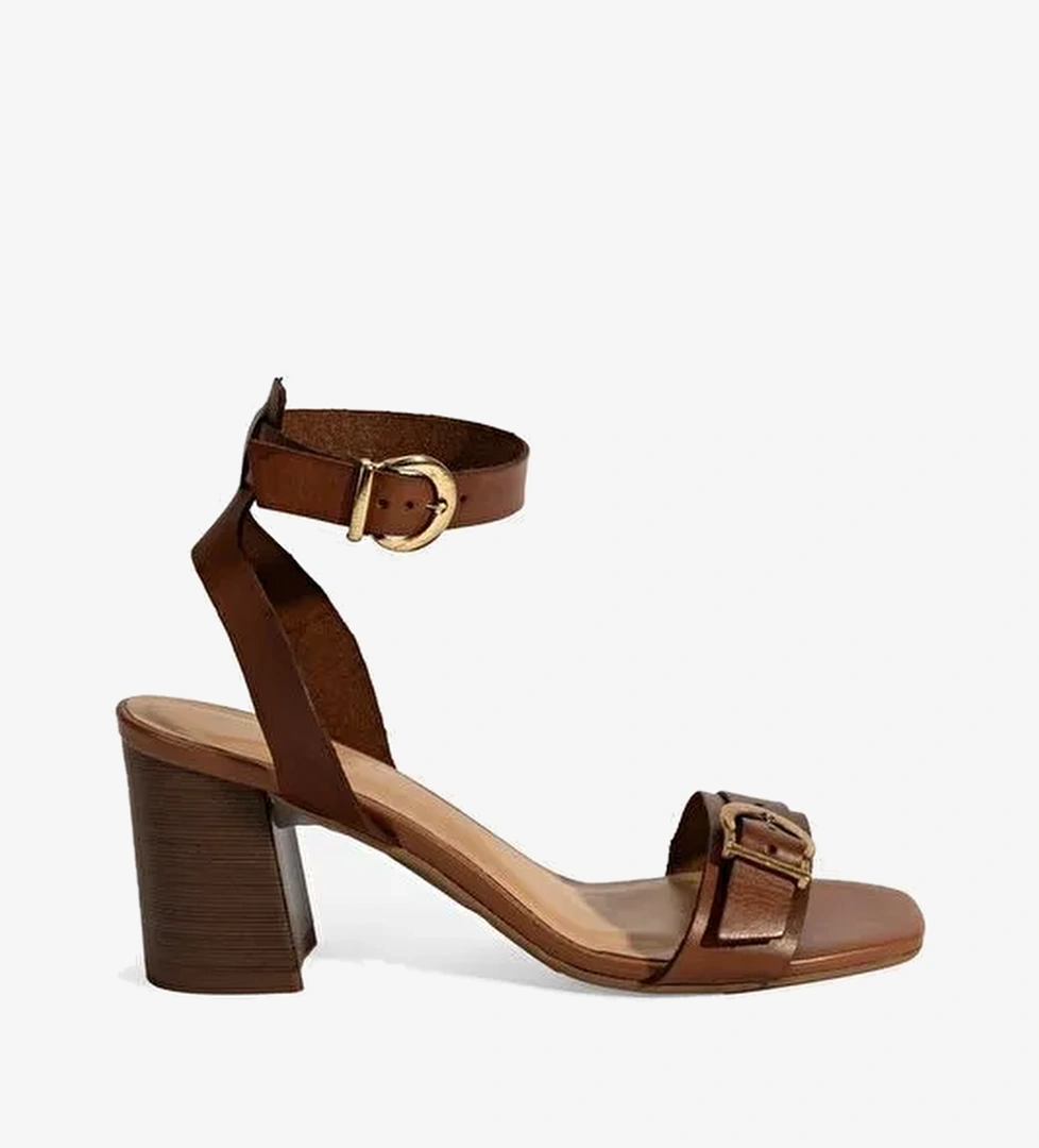 Kadın Taba Ayarlanabilir Tokalı Deri Topuklu Sandalet - Görsel 1
