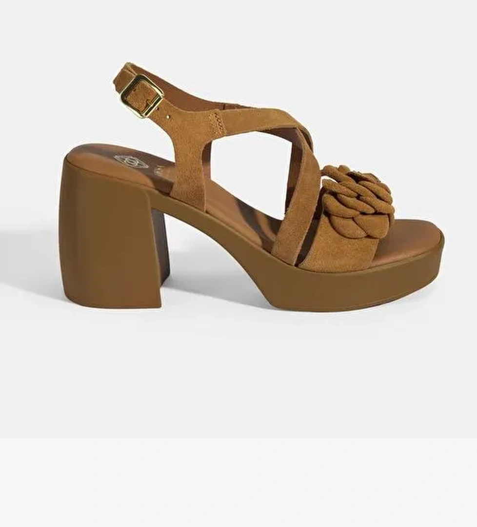 Kadın Taba Ayarlanabilir Tokalı Süet Topuklu Sandalet - Görsel 1