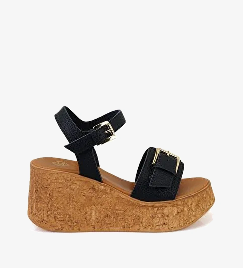 Kadın Siyah Topuklu Deri Sandalet - Görsel 1