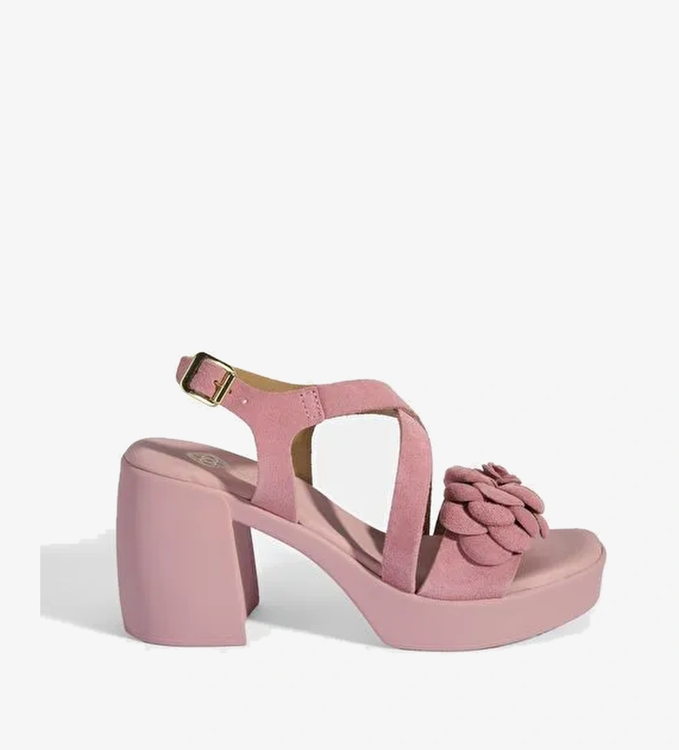 Kadın Pembe Ayarlanabilir Tokalı Süet Topuklu Sandalet - Görsel 1