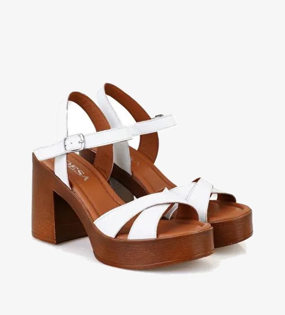 Kadın Beyaz Platform Topuklu Deri Sandalet - Görsel 1