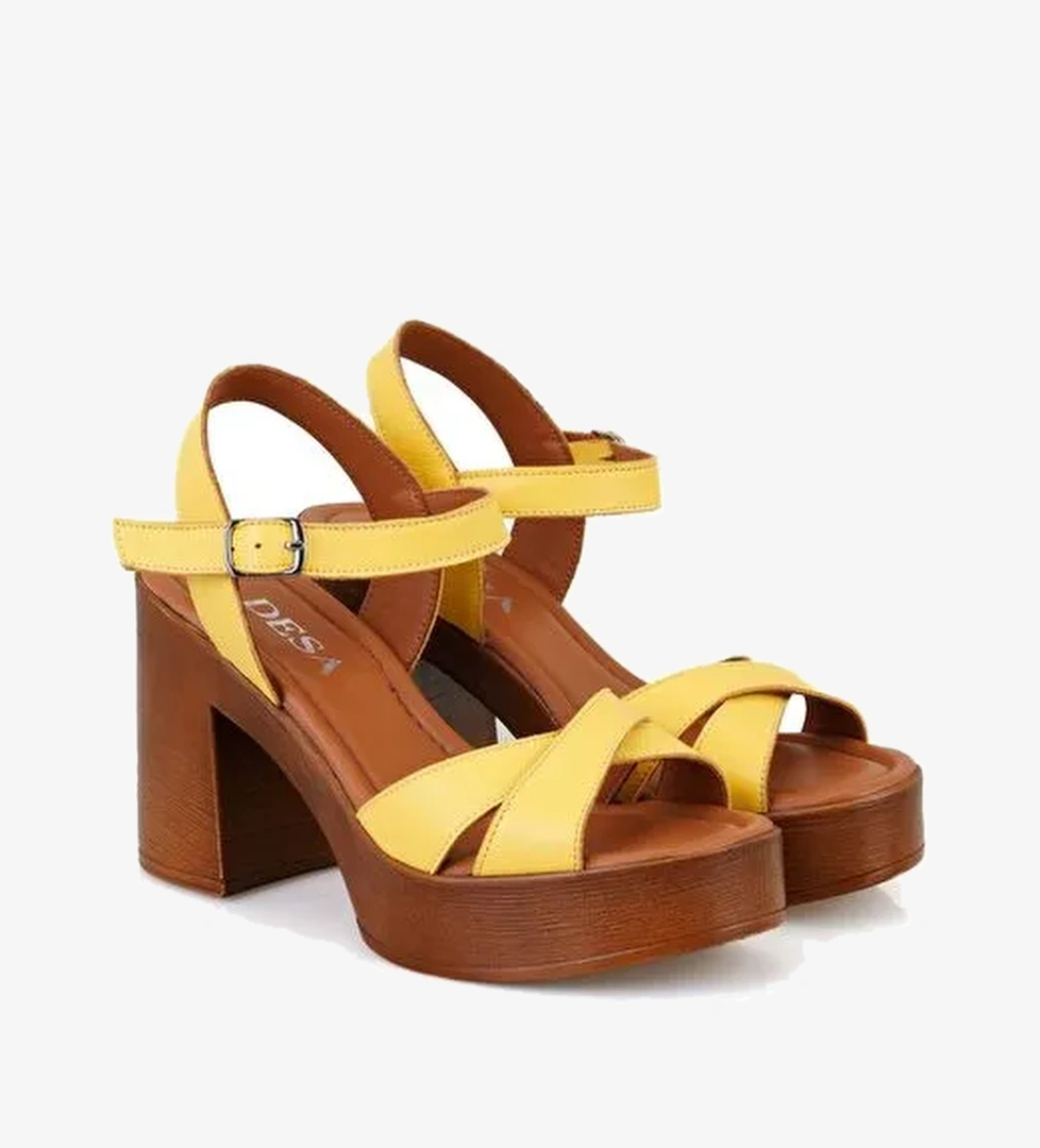 Kadın Sarı Platform Topuklu Deri Sandalet - Görsel 1