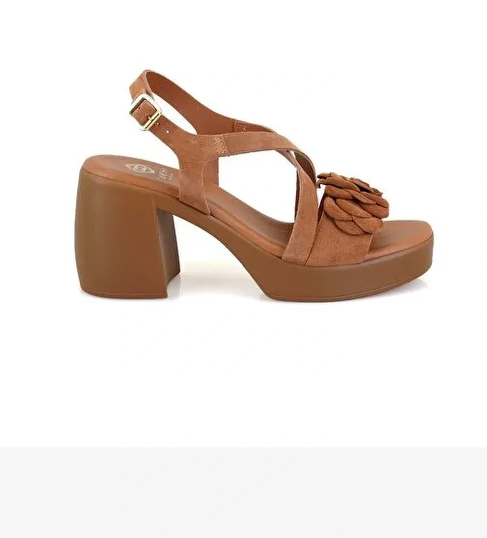 Kadın Taba Topuklu Süet Deri Sandalet - Görsel 1