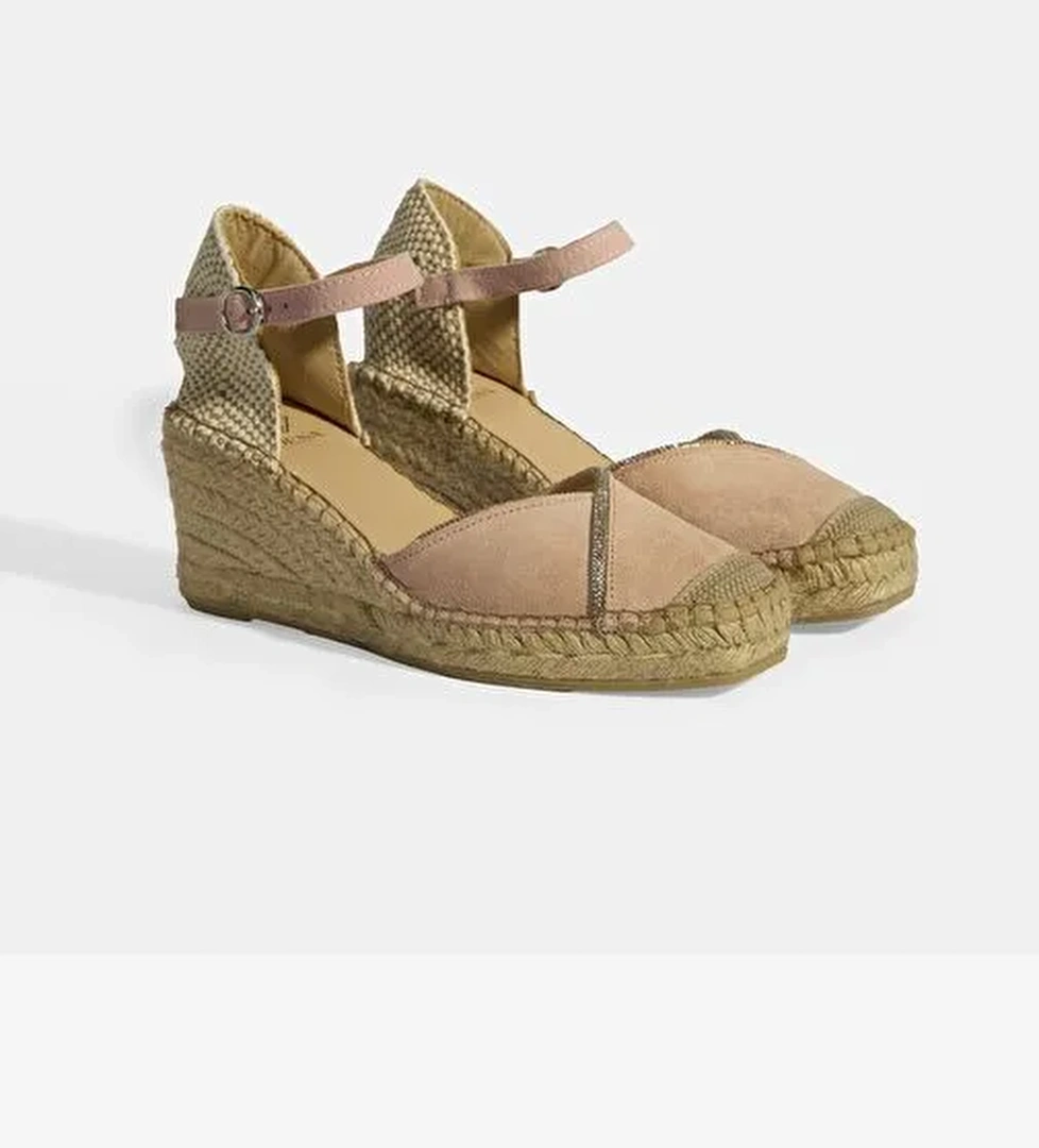 Pudra Kadın Toka Aksesuarlı Taş Detaylı Dolgu Topuklu Süet Espadril - Görsel 1