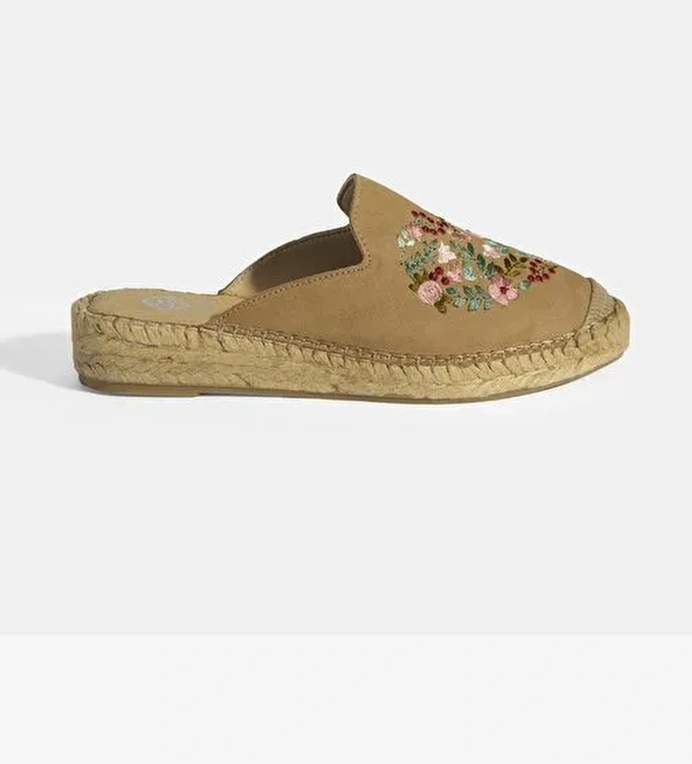 Limited Edition Bej Kadın Çiçek Nakışlı Süet Espadril Terlik - Görsel 1