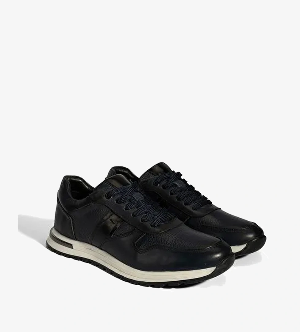 Erkek Lacivert Bağcıklı Deri Sneaker - Görsel 1