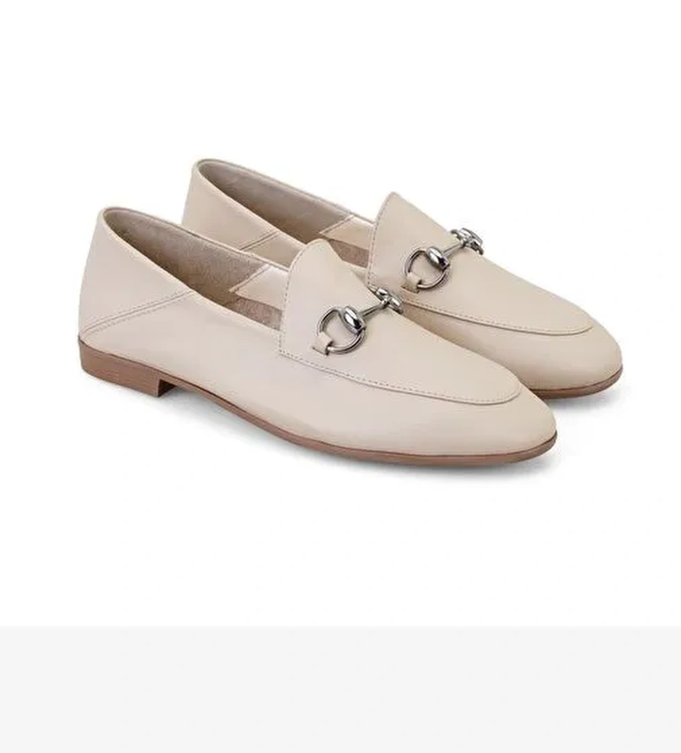 Kadın Bej Toka Aksesuarlı Deri Babet - Görsel 1