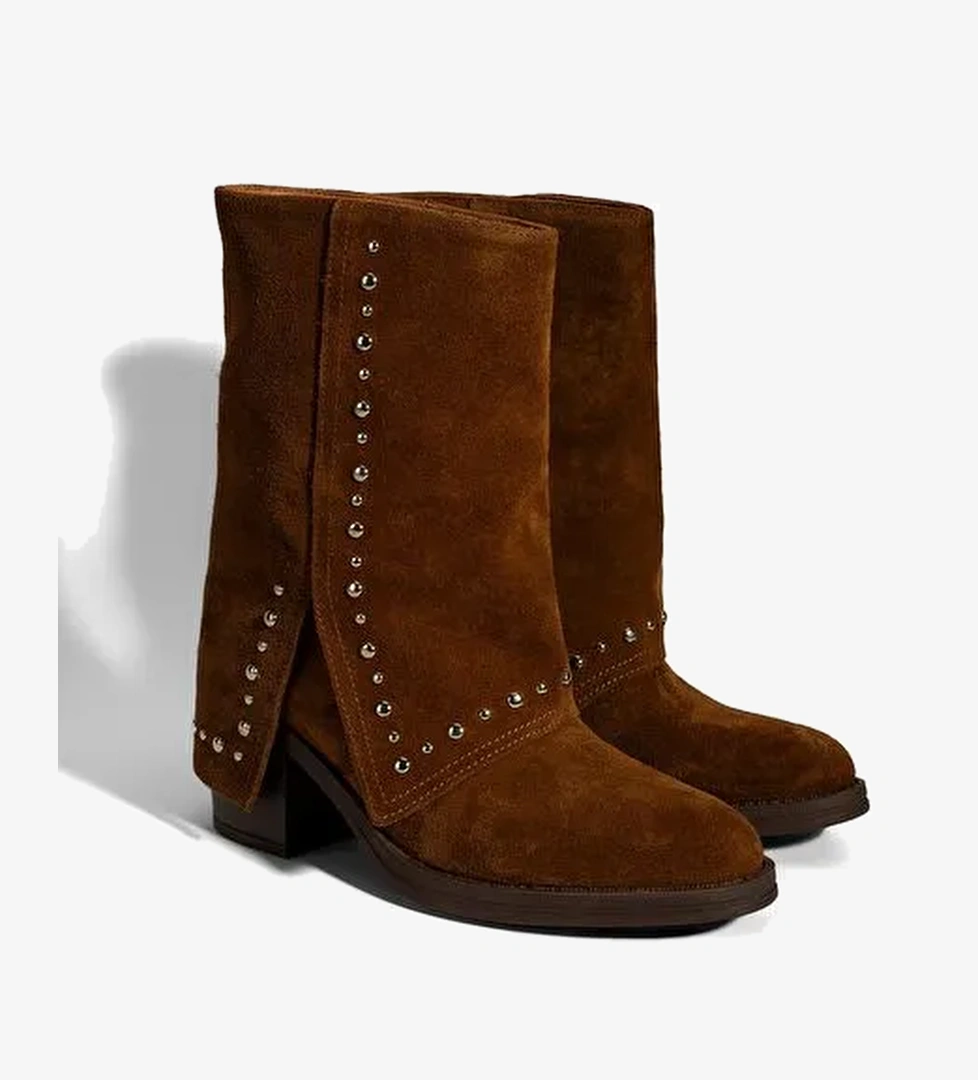 Kadın Taba Zımba Detaylı Kalın Topuklu Süet Bot - Görsel 1