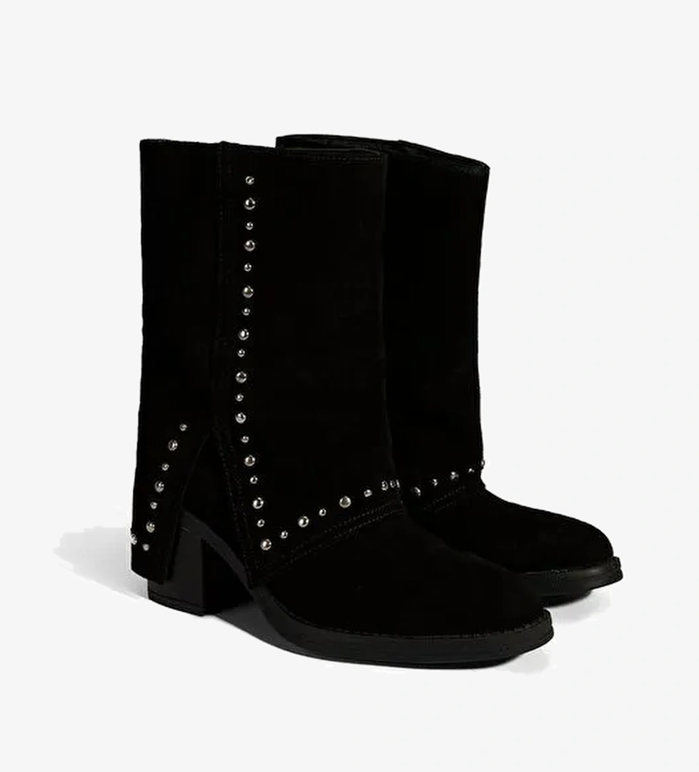 Kadın Siyah Zımba Detaylı Kalın Topuklu Süet Bot - Görsel 1