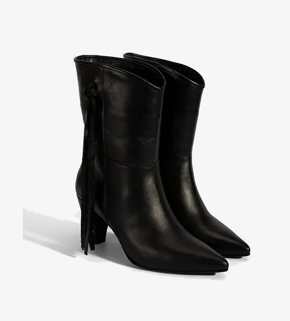 Kadın Siyah Püskül Detaylı Topuklu Deri Bot - Görsel 1