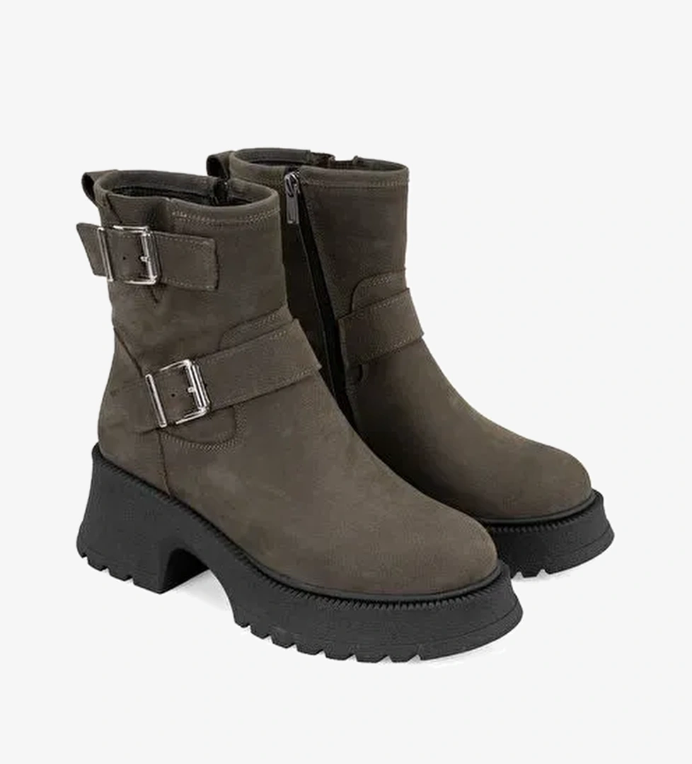 Kadın Yeşil Kemer Aksesuarlı Topuklu Deri Bot - Görsel 1