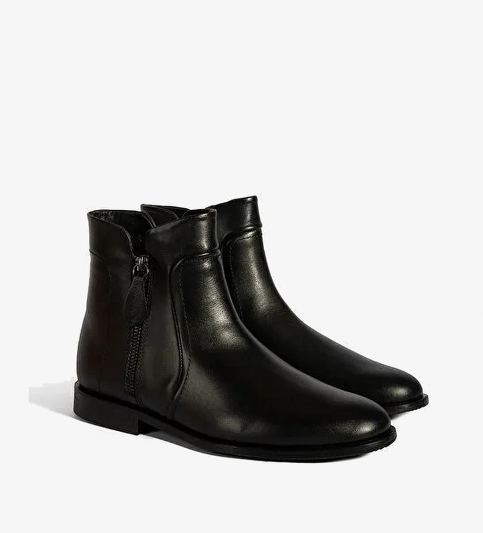 Kadın Siyah Çift Fermuarlı Deri Bot - Görsel 1
