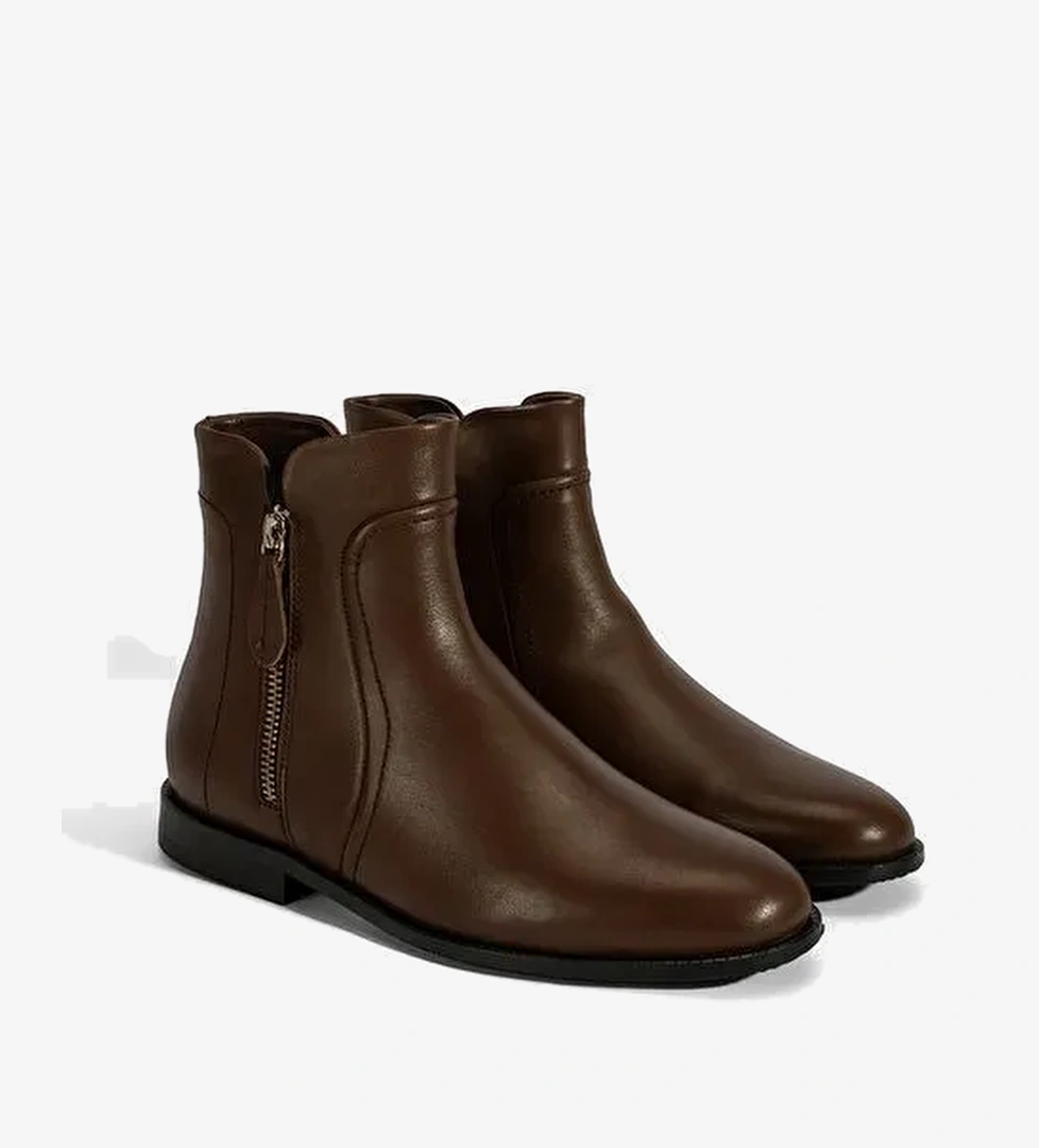 Kadın Kahve Çift Fermuarlı Deri Bot - Görsel 1