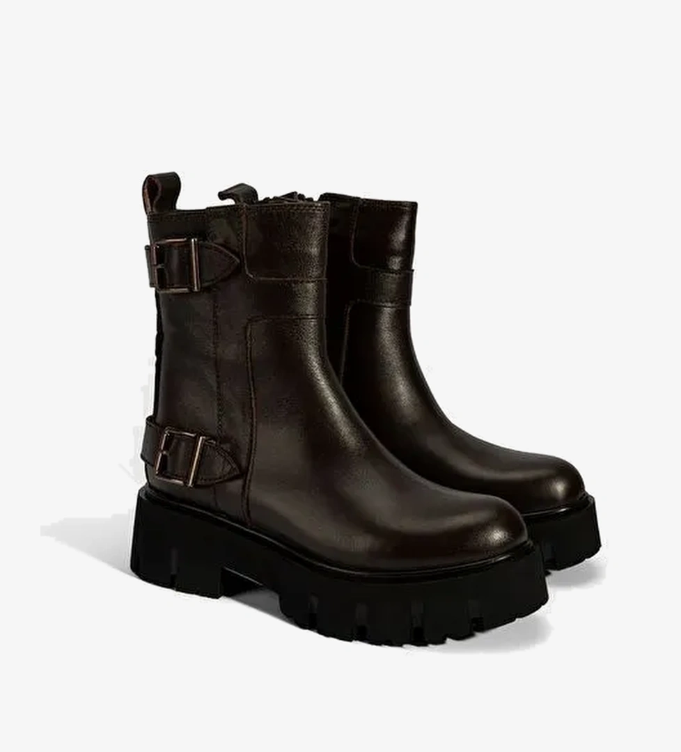 Kadın Kahve Metal Tokalı Deri Bot - Görsel 1