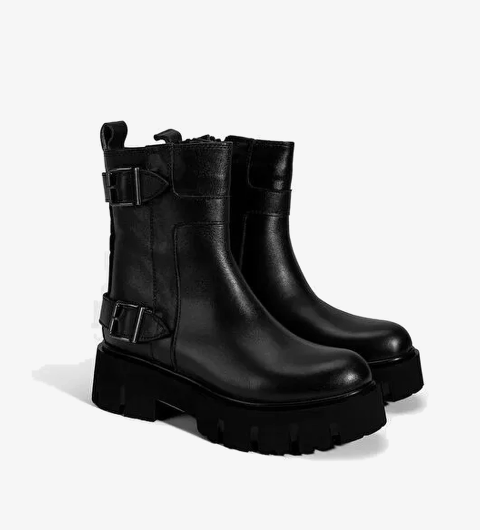 Kadın Siyah Metal Tokalı Deri Bot - Görsel 1