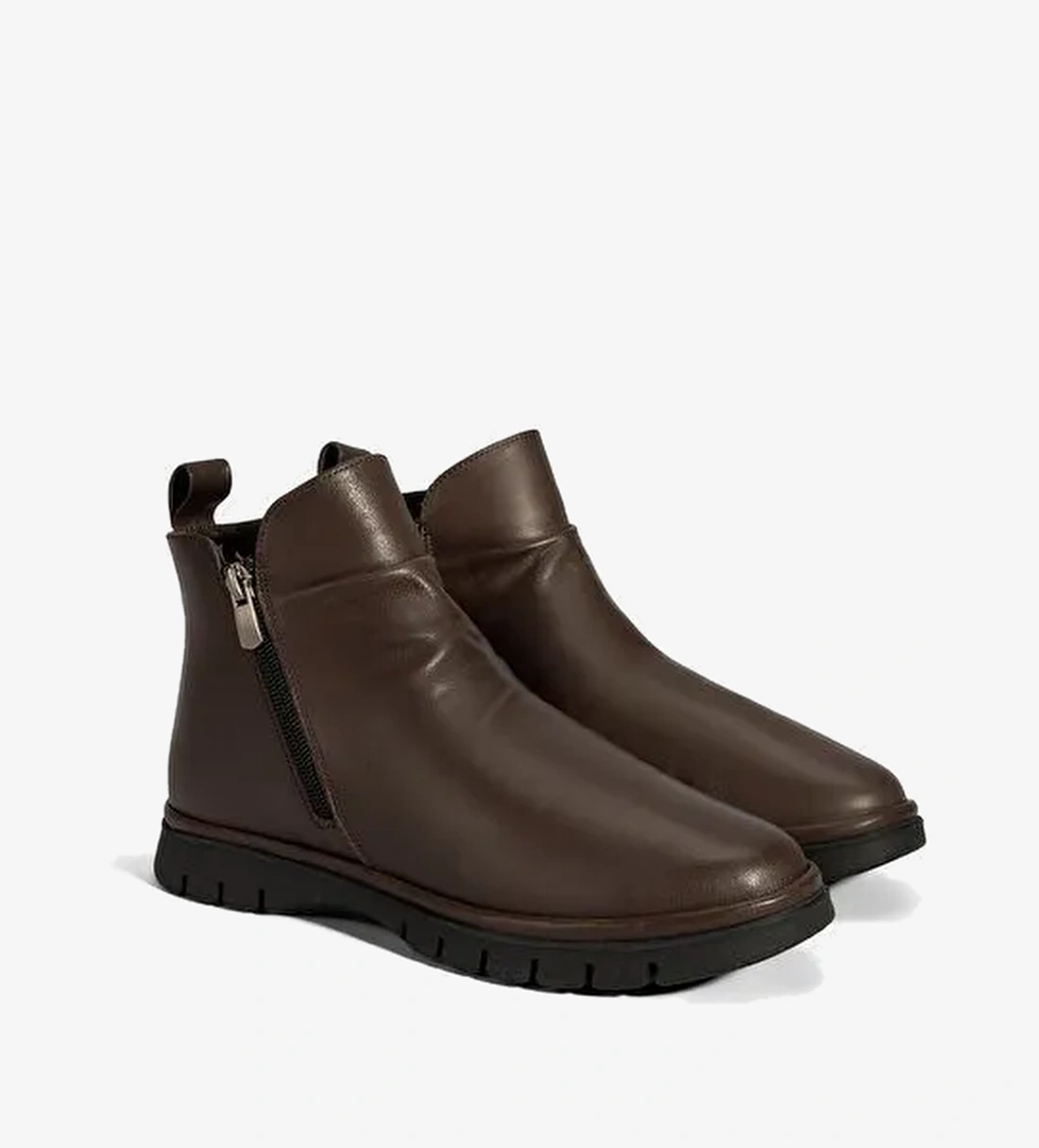 Kadın Kahve Fermuarlı Deri Bot - Görsel 1