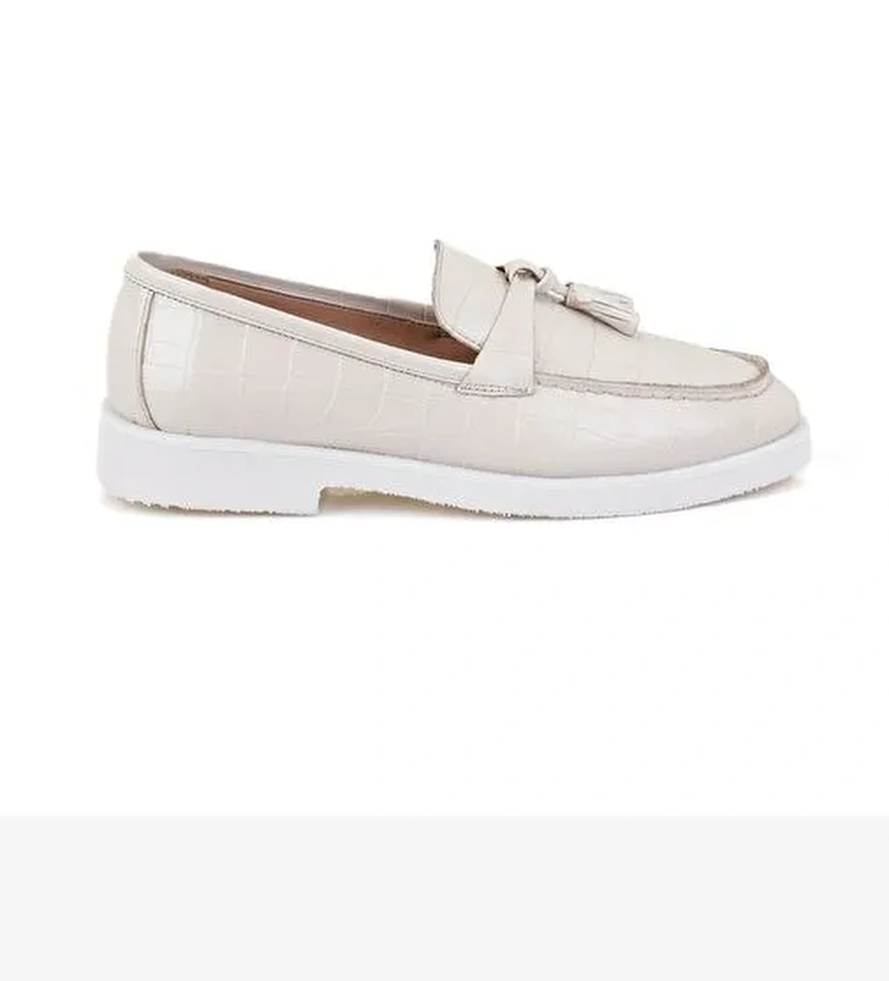 Kadın Ekru Kroko Baskılı Deri Loafer - Görsel 1