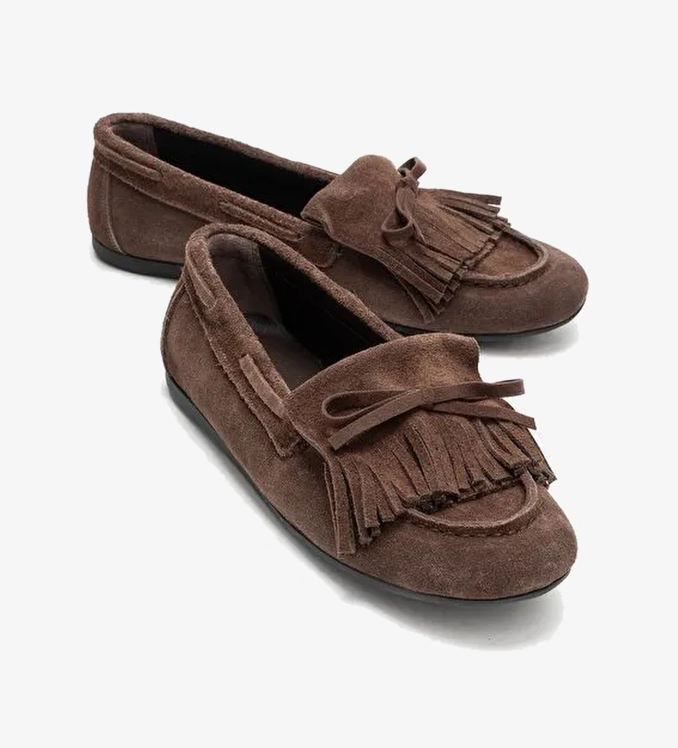 AXELI Açık Kahverengi Süet Hakiki Deri Fiyonklu Saçaklı Kadın Loafer Ayakkabı - Görsel 1