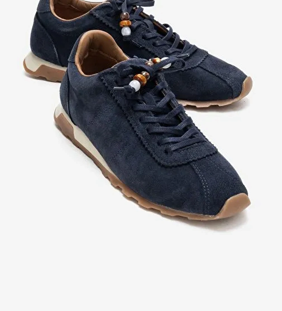 BREA Lacivert Süet Hakiki Deri Boncuklu Kadın Günlük Sneaker - Görsel 1