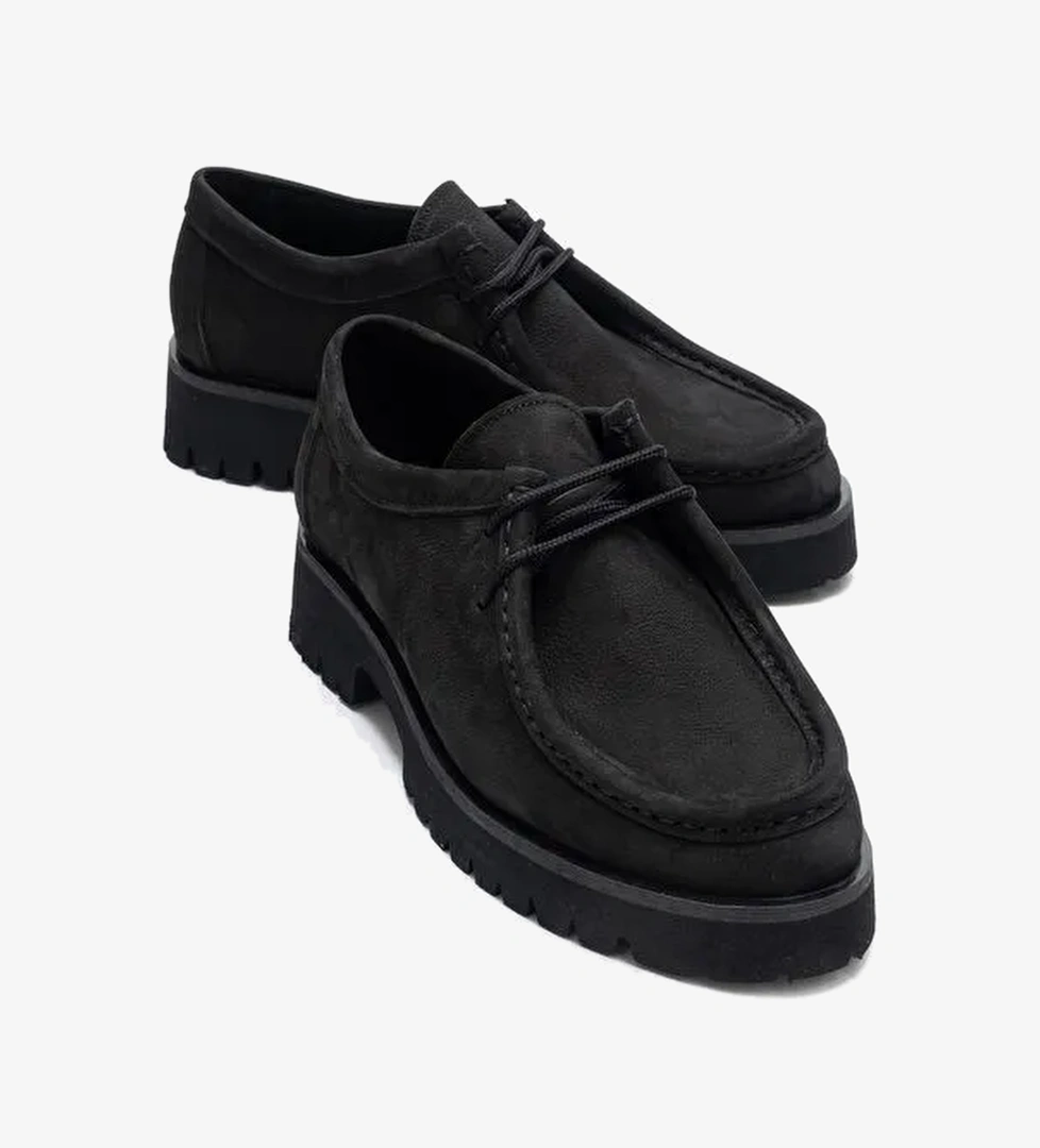 TALIA Siyah Nubuk Hakiki Deri Bağcıklı Kadın Loafer Ayakkabı - Görsel 1