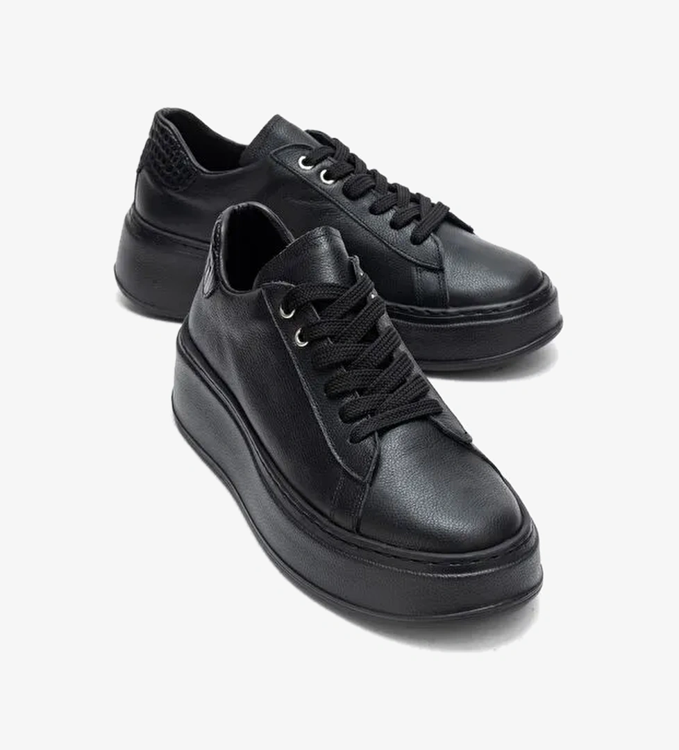 GUENO Siyah Siyah Cilt Hakiki Deri Kadın Spor Ayakkabı - Görsel 1