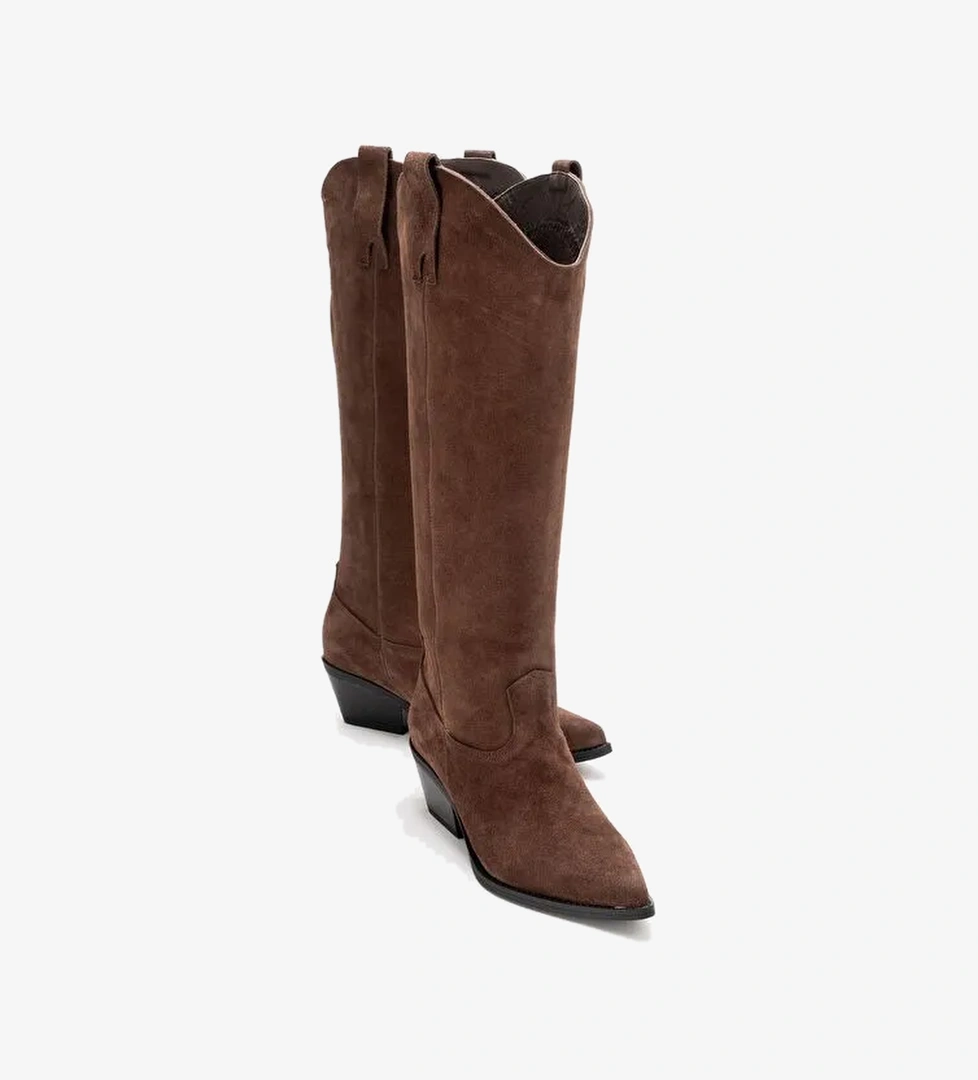 ANIA Kahverengi Süet Hakiki Deri Kadın Western Çizme - Görsel 1