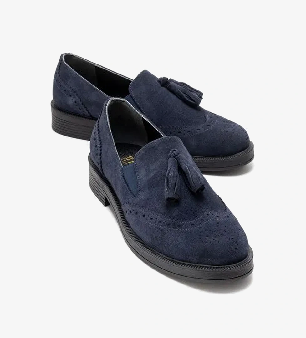 ALEX Lacivert Süet Hakiki Deri Püsküllü Lastikli Kadın Loafer Ayakkabı - Görsel 1