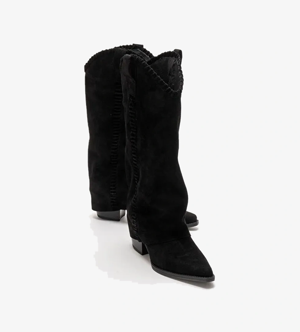 TYLER Siyah Süet Hakiki Deri Dikişli Kadın Western Çizme - Görsel 1