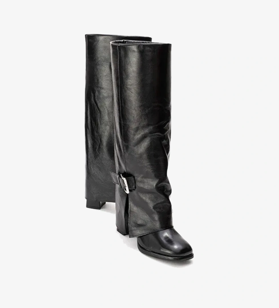 Luvi Shoes Luvi Shoes Siyah Rugan LOJO Siyah Kırışık Rugan Hakiki Deri Tokalı Kadın Kalın Topuklu Çizme Bot | Boyner Siyah Rugan - 1. görsel