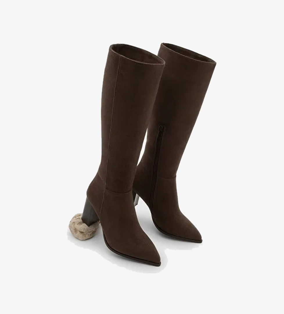 Marjin Marjin Belirsiz Kadın Sivri Burun Yarım Fermuarlı Kalın Topuklu Çizme Mortez Kahve Süet Bot | Boyner Belirsiz - 1. görsel