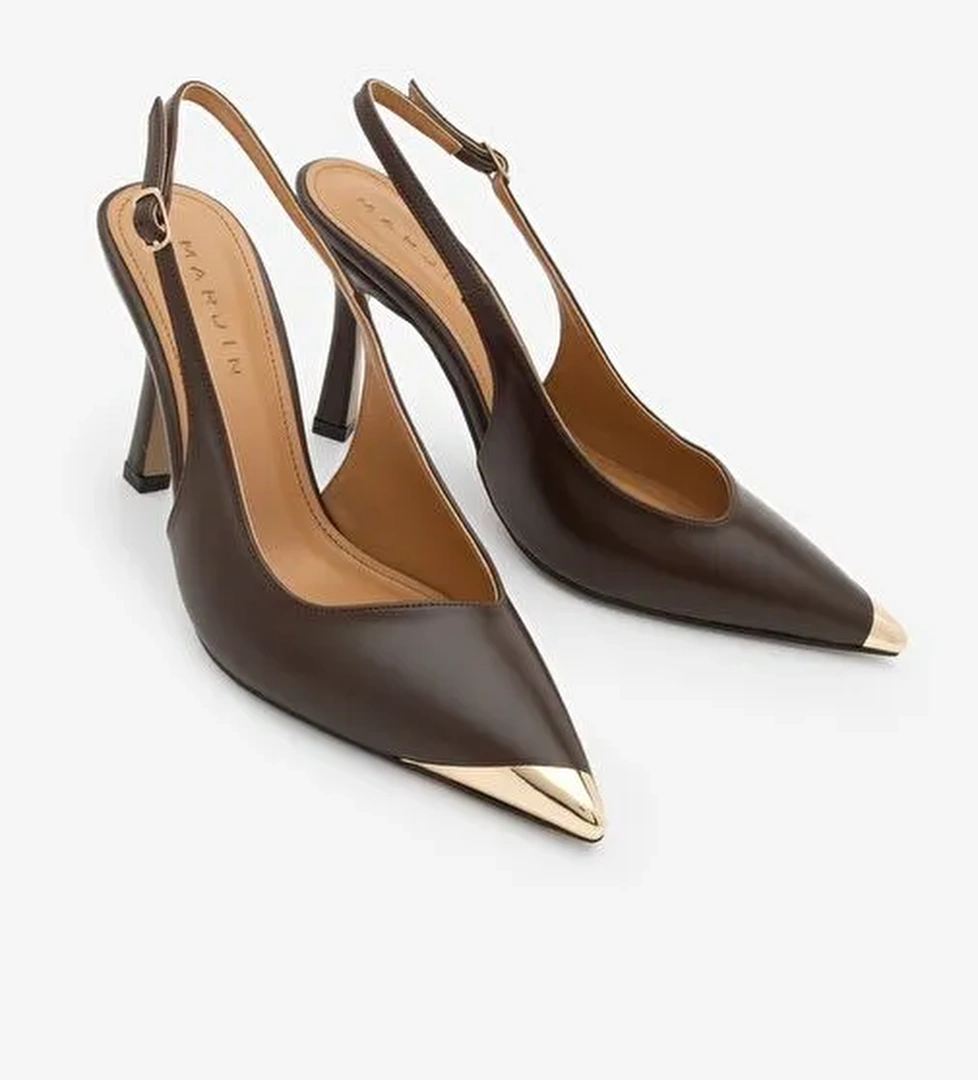 Marjin Marjin Belirsiz Kadın Stiletto Sivri Burun Altın Detaylı Arkası Açık Topuklu Ayakkabı Süvat Kahve | Boyner Belirsiz - 1. görsel