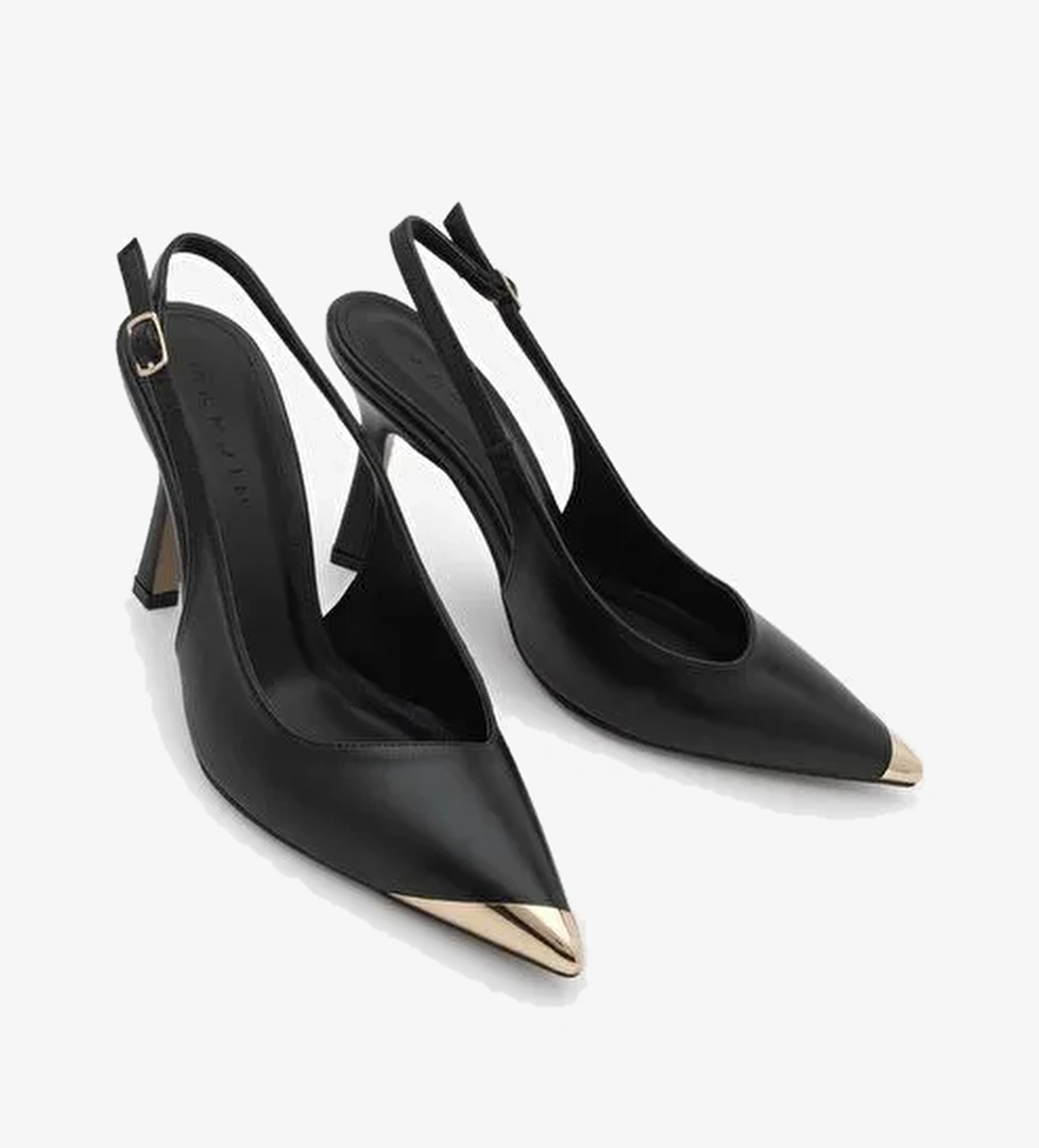 Marjin Marjin Kadın Stiletto Sivri Burun Altın Detaylı Arkası Açık Topuklu Ayakkabı Süvat Siyah | Boyner Siyah - 1. görsel