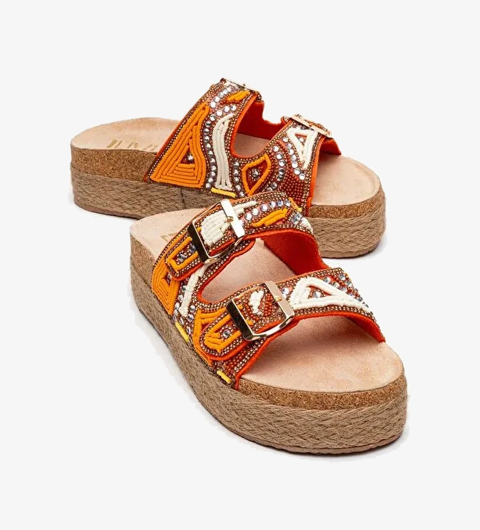 Luvi Shoes Luvi Shoes BOBBY Turuncu Taşlı Etnik Desenli Hasır Kalın Mantar Tabanlı Kadın Terlik Boyner'de! Turuncu - 1. görsel