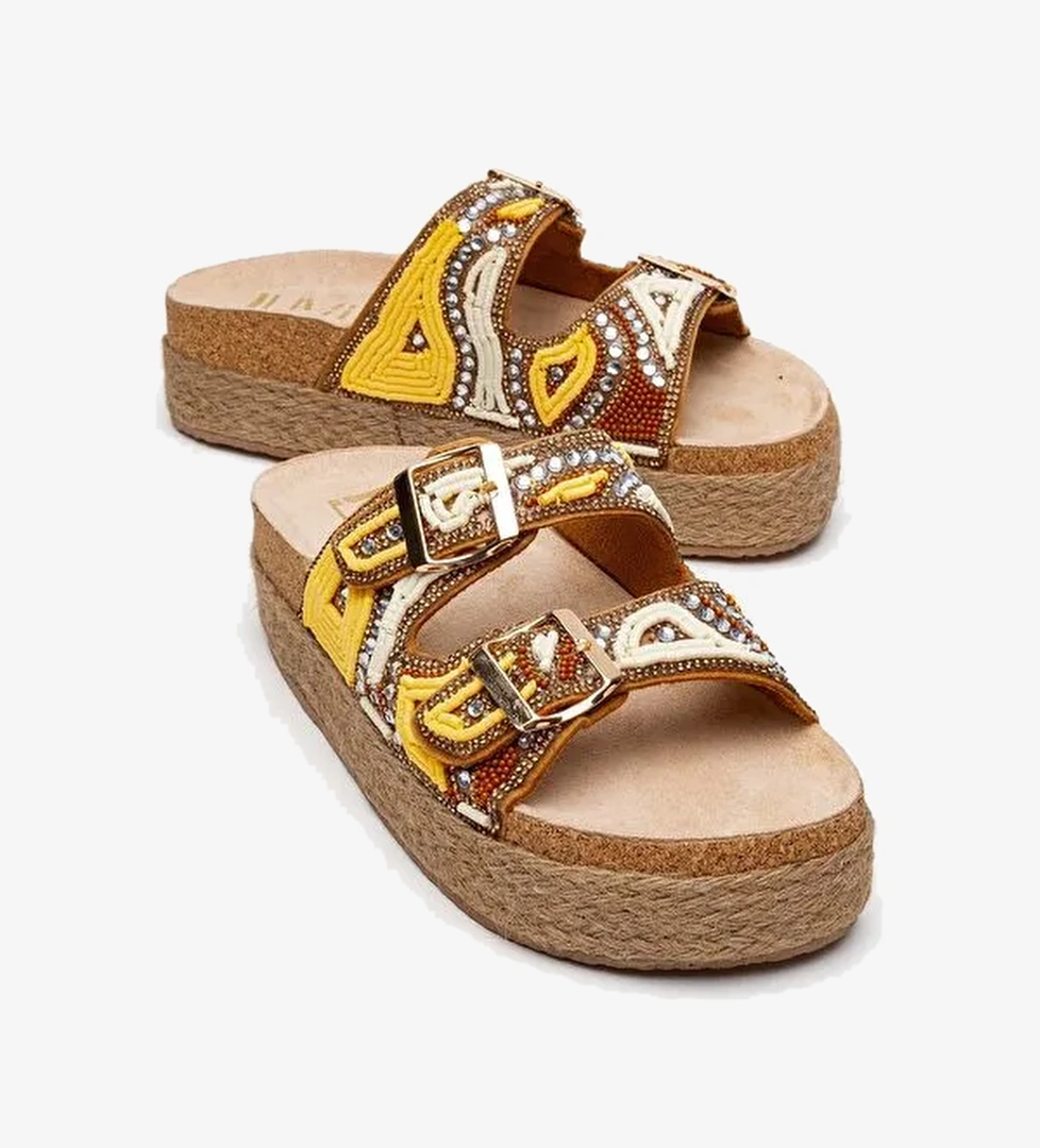 Luvi Shoes Luvi Shoes BOBBY Sarı Taşlı Etnik Desenli Hasır Kalın Mantar Tabanlı Kadın Terlik Boyner'de! Sarı - 1. görsel