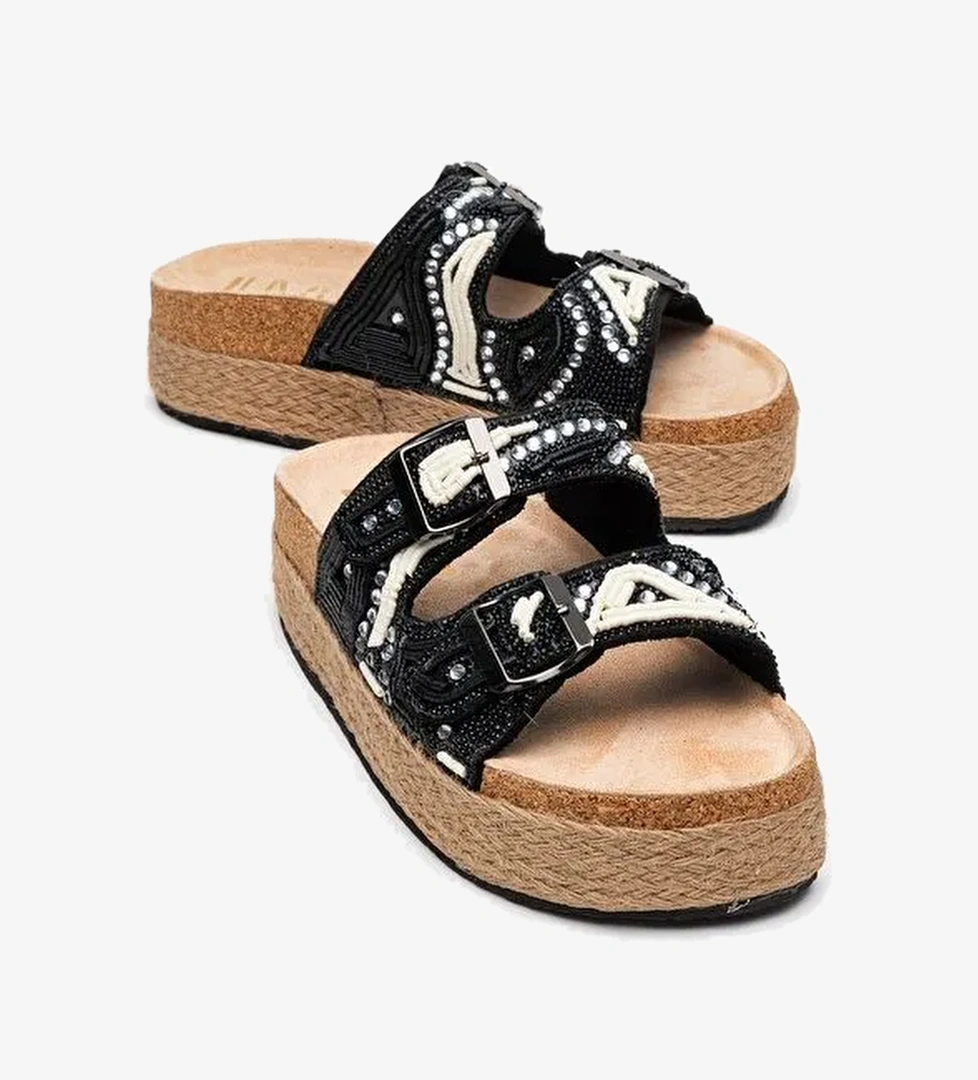 Luvi Shoes Luvi Shoes BOBBY Siyah Taşlı Etnik Desenli Hasır Kalın Mantar Tabanlı Kadın Terlik Boyner'de! Siyah - 1. görsel