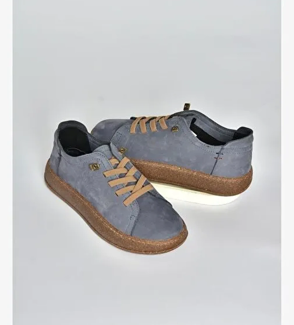 V999060501 Mavi Hakiki Deri Nubuk Kadın Spor Ayakkabı Sneakers