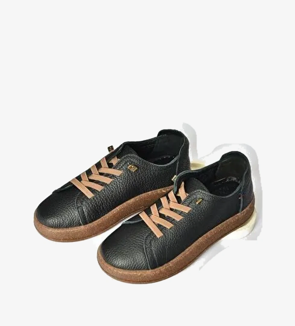 V999060503 Siyah Hakiki Deri Kadın Spor Ayakkabı Sneakers