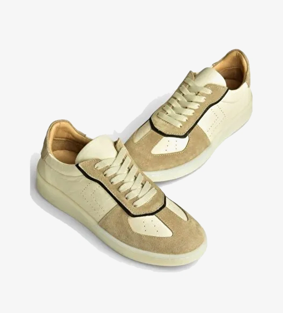 Y555201403 Bej Hakiki Deri Kadın Spor Ayakkabı Sneakers
