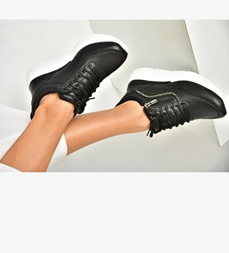 U702020709 Siyah Kalın Tabanlı Spor Ayakkabı Sneakers