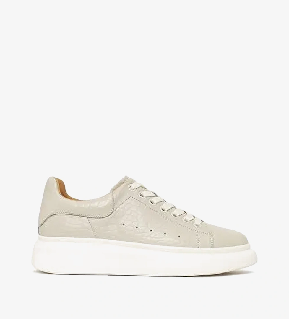 Erkek Beyaz Bağcıklı Kalın Tabanlı Desenli Deri Sneaker 26SFD6987FT