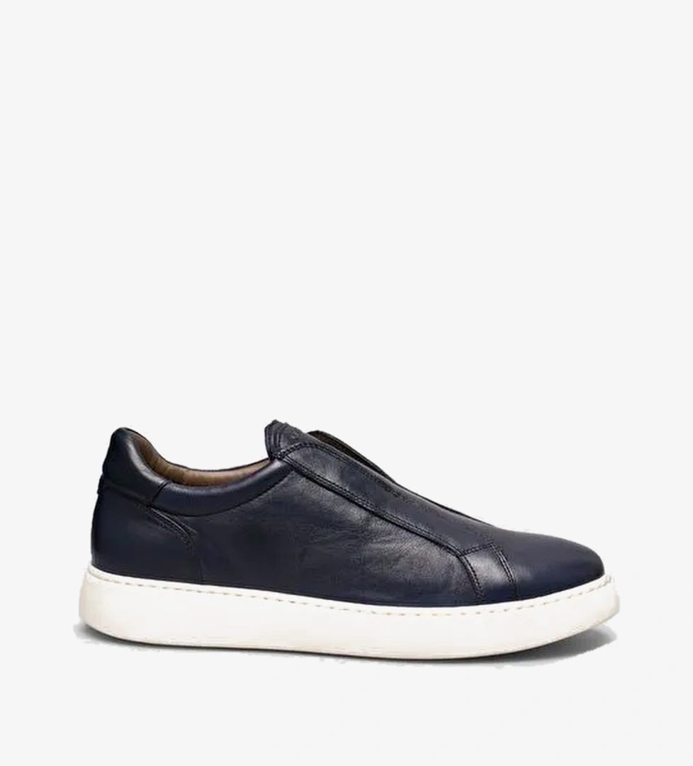 Lacivert Hakiki Deri Slip-On Sneaker Ayakkabı