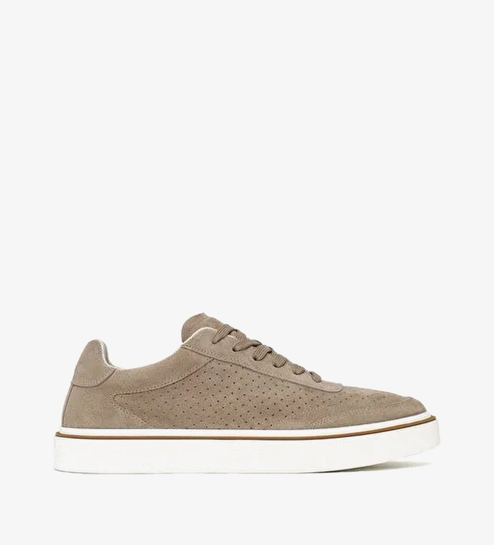 Erkek Bej Bağcıklı Kalın Tabanlı Süet Deri Sneaker 26SFD611610