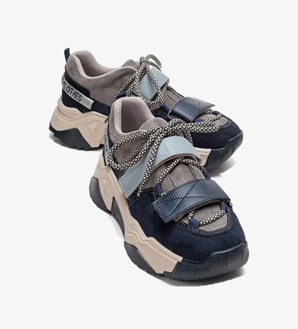 LULEN Lacivert Süet Yazılı Cırtlı Kadın Spor Sneaker