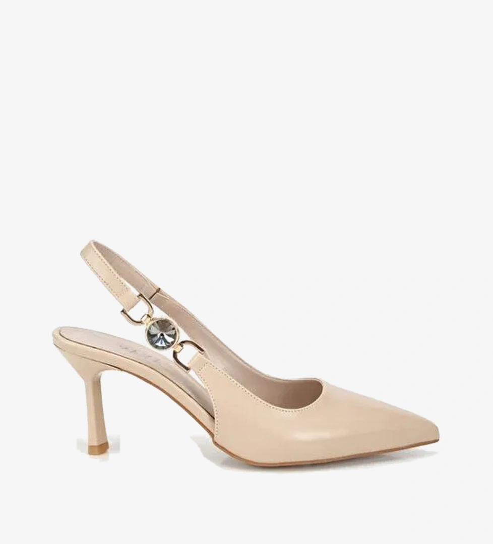 Kadın Bej Sivri Burunlu Taş Aksesuarlı İnce Topuklu Arkası Açık Stiletto 01AYY323970A310