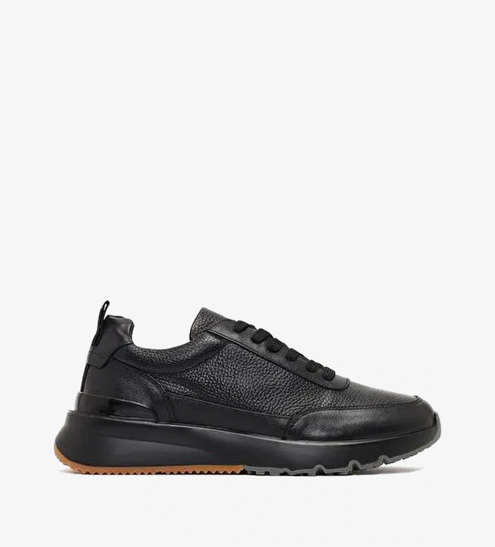 Erkek Siyah Bağcıklı Kalın Tabanlı Deri Sneaker WM740008DK