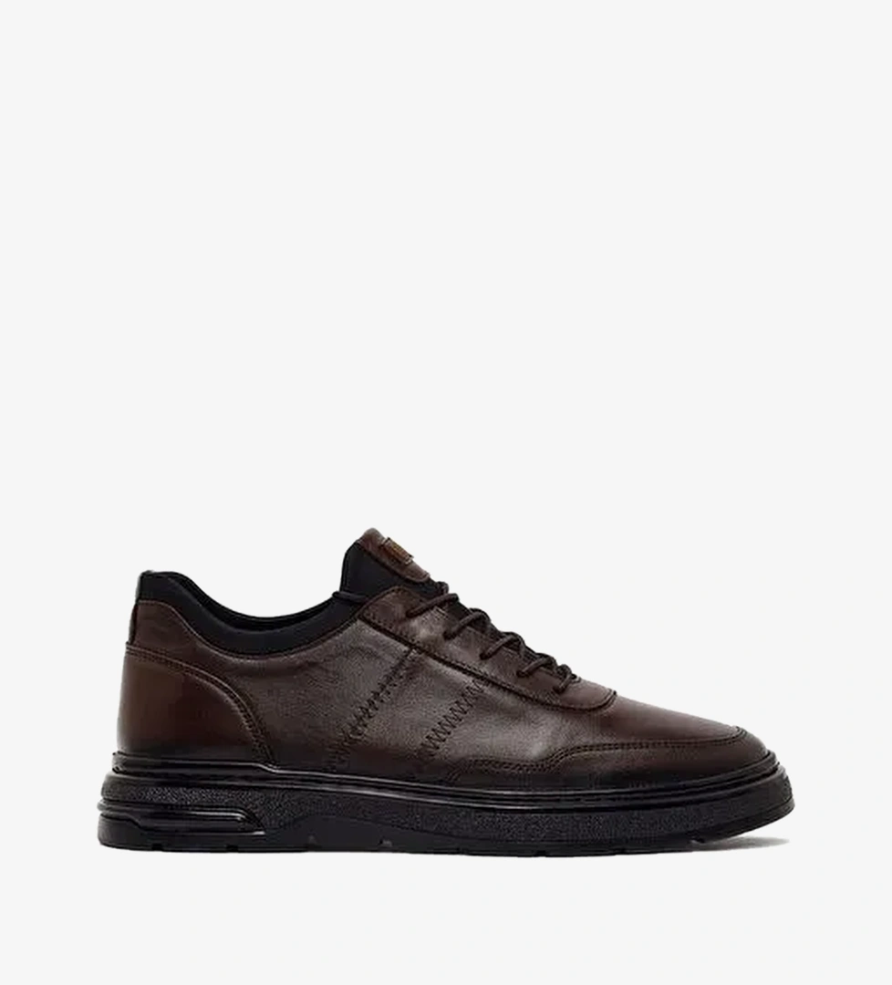 Erkek Kahverengi Bağcıklı Kalın Tabanlı Deri Sneaker WM700004DV