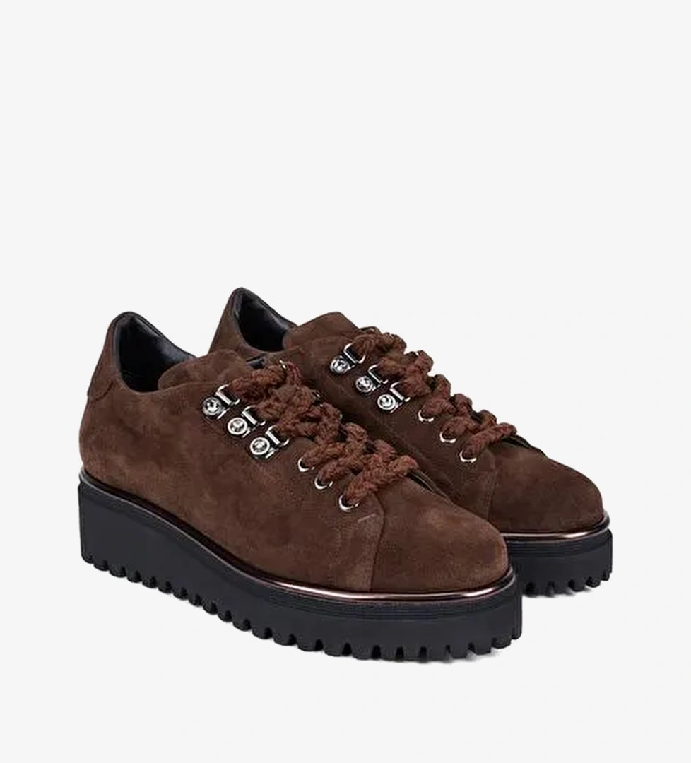 Luca Grossi Kadın Kahve Bağcıklı Metalik Deri Detaylı Süet Sneaker