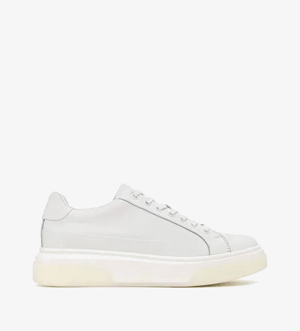 Erkek Beyaz Bağcıklı Kalın Tabanlı Deri Sneaker WM740005DV